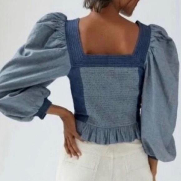 HP 🎉 Love The Label Anthropologie Smocked Puff Sleeve XXS P Blue Chevron Denim - Picture 7 of 10